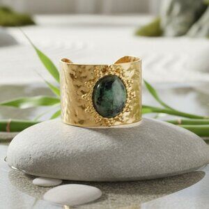 Elegant 18K Gold Plated Adjustable Ring with Moss Agate Stone, Fits 7-8 💍
